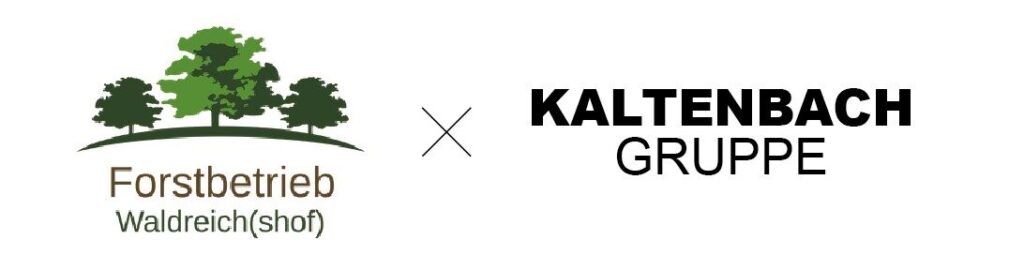 Kaltenbach Gruppe – Logo des Forstbetriebs Waldreich(shof) mit grünen Bäumen auf der linken Seite, getrennt durch ein "X" vom fetten schwarzen Text KALTENBACH GRUPPE auf der rechten Seite, der auf eine Zusammenarbeit oder Partnerschaft hinweist. – BMW, MINI, KIA, BMW Motorrad & Honda Motorrad Partner in NRW