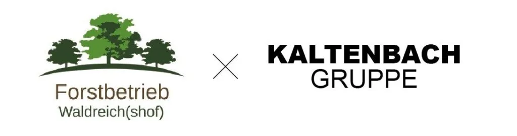 Kaltenbach Gruppe – Logo des Forstbetriebs Waldreich(shof) mit grünen Bäumen auf der linken Seite, getrennt durch ein "X" vom fetten schwarzen Text KALTENBACH GRUPPE auf der rechten Seite, der auf eine Zusammenarbeit oder Partnerschaft hinweist. – BMW, MINI, KIA, BMW Motorrad & Honda Motorrad Partner in NRW