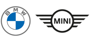 Kaltenbach Gruppe – Das BMW-Logo mit blauen und weißen Quadranten auf der linken Seite und das MINI-Logo mit stilisierten Flügeln und "MINI" in einem Kreis auf der rechten Seite, beide auf weißem Hintergrund. Das Branding der KG_MM_Marken ist dezent integriert. – BMW, MINI, KIA, BMW Motorrad & Honda Motorrad Partner in NRW