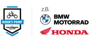 Kaltenbach Gruppe – Ein Logo zeigt RIDERS POINT by KALTENBACH GRUPPE mit blauem Schild und Motorradsymbol, flankiert von den Logos von BMW Motorrad und Honda, darüber der Schriftzug z.B. - ein Hinweis auf die KG_MM_Marken-Kollektion. – BMW, MINI, KIA, BMW Motorrad & Honda Motorrad Partner in NRW