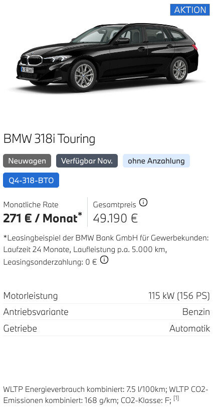 Kaltenbach Gruppe – Ein schwarzer BMW 318i Touring Kombi wird über Autoleasing-Details auf Deutsch angezeigt, mit BMW Angeboten für Gewerbekunden mit einer monatlichen Rate von 271 €, einem Gesamtpreis von 49.190 € und Spezifikationen wie 115 kW Leistung und Benzinmotor. – BMW, MINI, KIA, BMW Motorrad & Honda Motorrad Partner in NRW