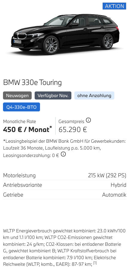 Kaltenbach Gruppe – Ein schwarzer BMW 330e Touring ist auf einem weißen Hintergrund abgebildet. Darüber ist ein blaues AKTION-Label abgebildet. Nachfolgend finden Sie Leasingdetails, technische Daten und Preisinformationen auf Deutsch für BMW Angebote Gewerbekunden. – BMW, MINI, KIA, BMW Motorrad & Honda Motorrad Partner in NRW