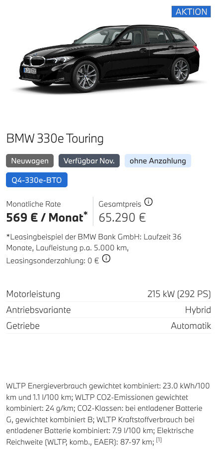 Kaltenbach Gruppe – Ein schwarzer BMW 330e Touring wird auf einer Website gezeigt. Preis: €65.290 oder €569/Monat Leasing. Wichtigste Merkmale: 215 kW, Automatikgetriebe, Hybridantrieb. Entdecken Sie BMW Angebote Privatkunden und Top-Leasing-Details, die unter dem Fahrzeugbild aufgeführt sind. – BMW, MINI, KIA, BMW Motorrad & Honda Motorrad Partner in NRW