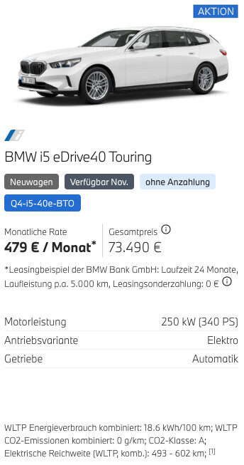 Kaltenbach Gruppe – Der BMW i5 eDrive40 Touring in weiß ist im obigen Leasingprofil mit BMW Angebote Privatkunden mit einer monatlichen Rate von 479 €, einem Gesamtpreis von 73.490 €, 250 kW Elektromotor und den wichtigsten Spezifikationen abgebildet. – BMW, MINI, KIA, BMW Motorrad & Honda Motorrad Partner in NRW
