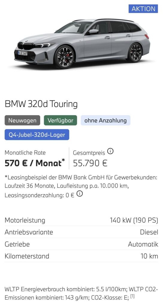 Kaltenbach Gruppe – Gezeigt wird ein silberner BMW 320d Touring Kombi in der Seitenansicht auf weißem Hintergrund. Exklusive Angebote für Gewerbekunden sowie Leasingdetails, monatliche Rate und technische Daten sind neben dem Fahrzeug zu sehen. – BMW, MINI, KIA, BMW Motorrad & Honda Motorrad Partner in NRW