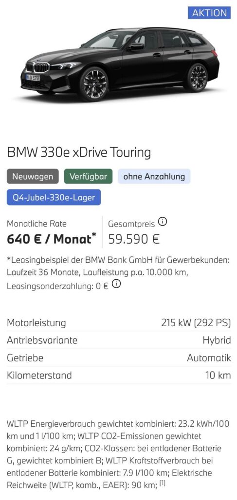 Kaltenbach Gruppe – Ein schwarzer BMW 330e xDrive Touring wird in einer Seitenansicht auf weißem Hintergrund gezeigt. Das Bild enthält Angebote für Gewerbekunden, sowie Details zu Leasingoptionen, Preisen, technischen Daten und Umweltstatistiken für diesen Hybrid-Kombi. – BMW, MINI, KIA, BMW Motorrad & Honda Motorrad Partner in NRW