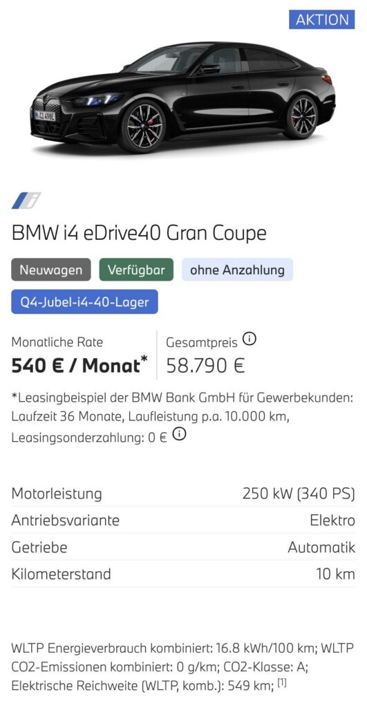 Kaltenbach Gruppe – Ein schwarzer BMW i4 eDrive40 Gran Coupe wird in einer Promo mit attraktiven Angeboten für Gewerbekunden gezeigt: Leasing ab €540/Monat, Gesamtpreis €58.790, 250 kW Elektroantrieb, 10 km Laufleistung sowie zahlreiche Leasingkonditionen und Features. – BMW, MINI, KIA, BMW Motorrad & Honda Motorrad Partner in NRW