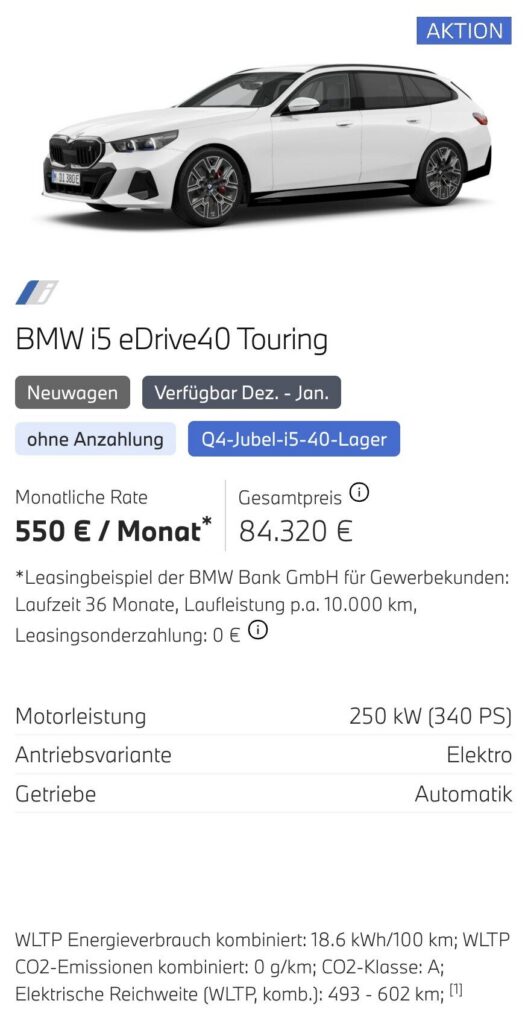 Kaltenbach Gruppe – Gezeigt wird ein weißer BMW i5 eDrive40 Touring im Profil. Top Angebote für Gewerbekunden: 550€ pro Monat, 84.320€ Gesamtpreis, 250 kW (340 PS), Automatik, 18,6 kWh/100 km Verbrauch und 0g/km CO2-Emissionen unten aufgeführt. – BMW, MINI, KIA, BMW Motorrad & Honda Motorrad Partner in NRW