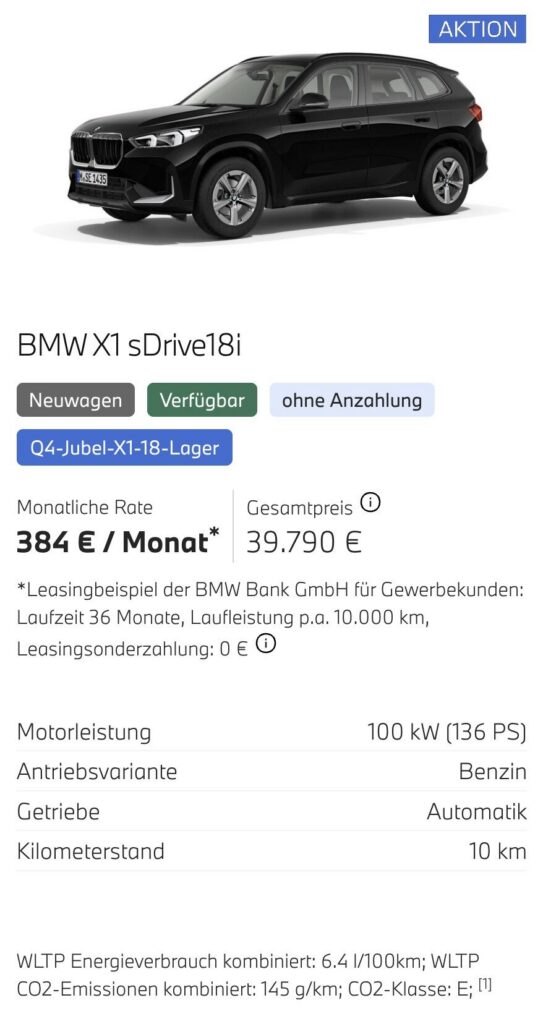 Kaltenbach Gruppe – Ein schwarzer BMW X1 sDrive18i wird in einer Anzeige eines Autohauses mit attraktiven Angeboten für Gewerbekunden gezeigt, mit Angaben zu Leasing, Preis, Motordaten und Kraftstoffverbrauch. Die Aufkleber weisen darauf hin, dass das Fahrzeug neu und verfügbar ist und keine Anzahlung erfordert. – BMW, MINI, KIA, BMW Motorrad & Honda Motorrad Partner in NRW