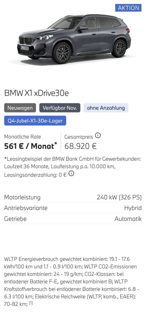 Kaltenbach Gruppe – Ein silberner BMW X1 xDrive30e SUV ist geparkt, gezeigt von vorne links. Das Bild enthält Leasing-Angebote für Gewerbekunden, Preis (68.920 €), monatliche Rate (561 €), technische Daten und Emissionsangaben auf Deutsch. – BMW, MINI, KIA, BMW Motorrad & Honda Motorrad Partner in NRW