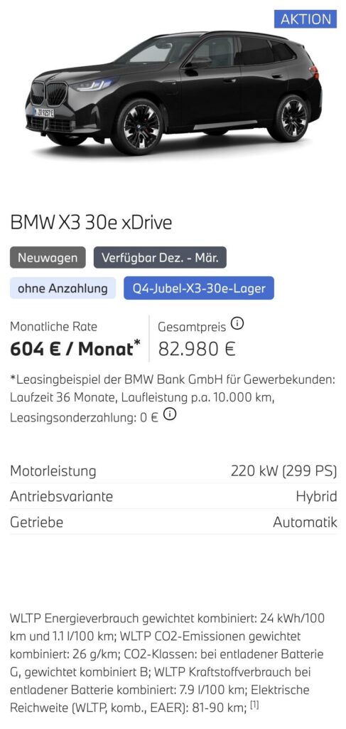 Kaltenbach Gruppe – Ein schwarzer BMW X3 30e xDrive wird in einer digitalen Werbeanzeige mit Leasingdetails, Preis und technischen Daten gezeigt. Das blaue AKTION Label und die Leasingrate von 604 €/Monat sind hervorgehoben. Exklusive Angebote für Gewerbekunden verfügbar. – BMW, MINI, KIA, BMW Motorrad & Honda Motorrad Partner in NRW