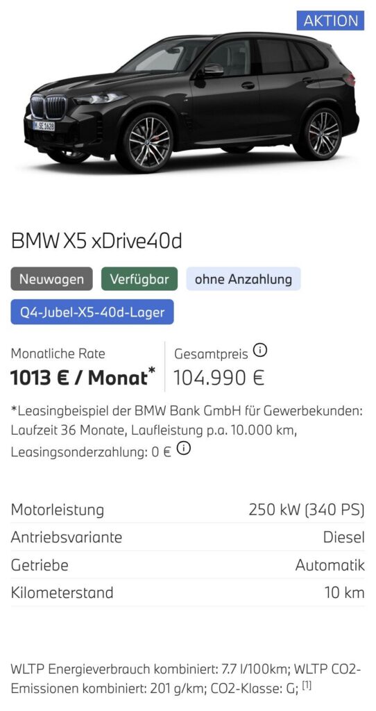 Kaltenbach Gruppe – Ein schwarzer BMW X5 xDrive40d wird im Profil gezeigt. Die Anzeige hebt Top-Angebote für Gewerbekunden hervor: 1013 €/Monat Leasing, 104.990 € Preis, 250 kW Leistung, Automatikgetriebe, 10 km Laufleistung, plus Verbrauchs- und Emissionsangaben. – BMW, MINI, KIA, BMW Motorrad & Honda Motorrad Partner in NRW