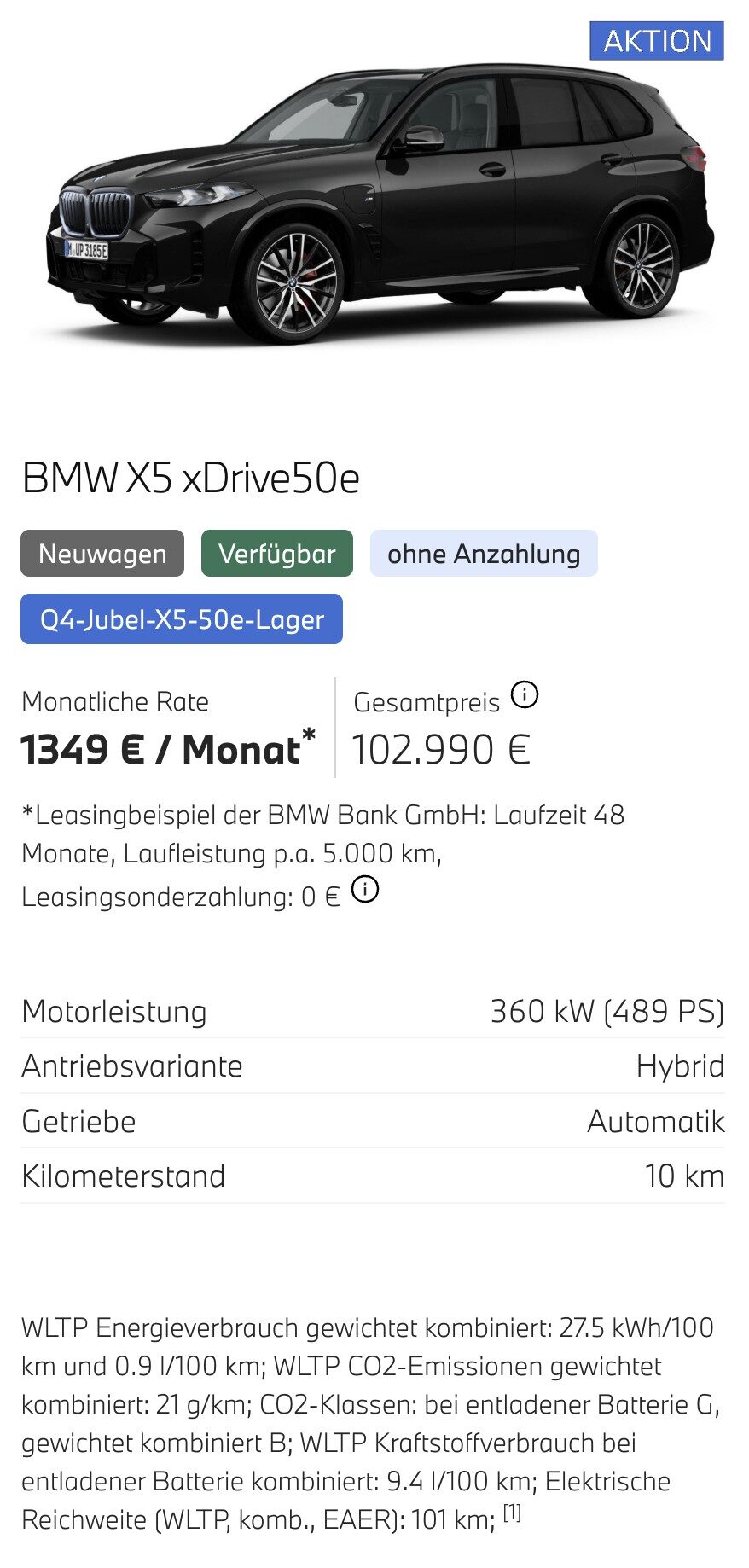 Kaltenbach Gruppe – Ein schwarzer BMW X5 xDrive50e SUV wird im Profil auf weißem Hintergrund gezeigt. Oben rechts erscheint ein blaues AKTION-Label. Unter dem Fahrzeug sind Leasingangebote, Privatkunden-Preise und technische Daten aufgeführt. – BMW, MINI, KIA, BMW Motorrad & Honda Motorrad Partner in NRW