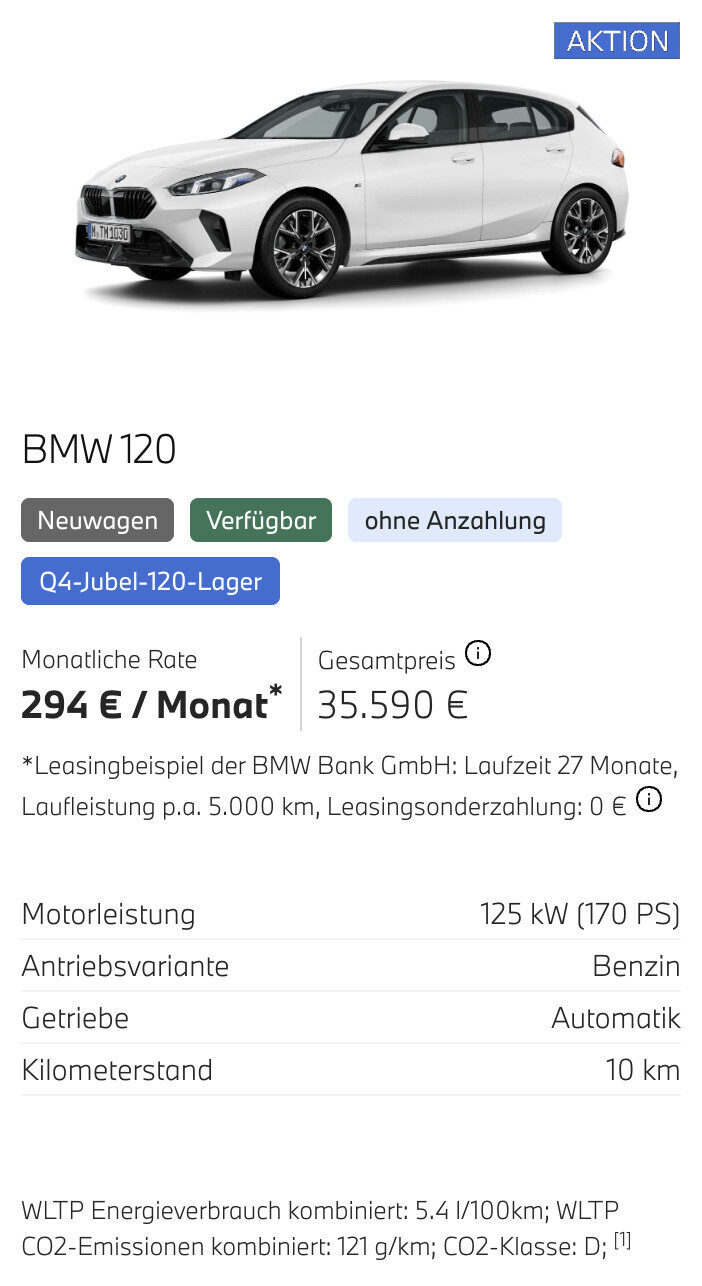 Kaltenbach Gruppe – Ein weißer BMW 120 Fließheck wird in einer Dreiviertelansicht von vorne gezeigt. Das Bild zeigt Leasingdetails, Verbrauchsdaten, Preisinformationen in deutscher Sprache und BMW Angebote für Privatkunden. – BMW, MINI, KIA, BMW Motorrad & Honda Motorrad Partner in NRW