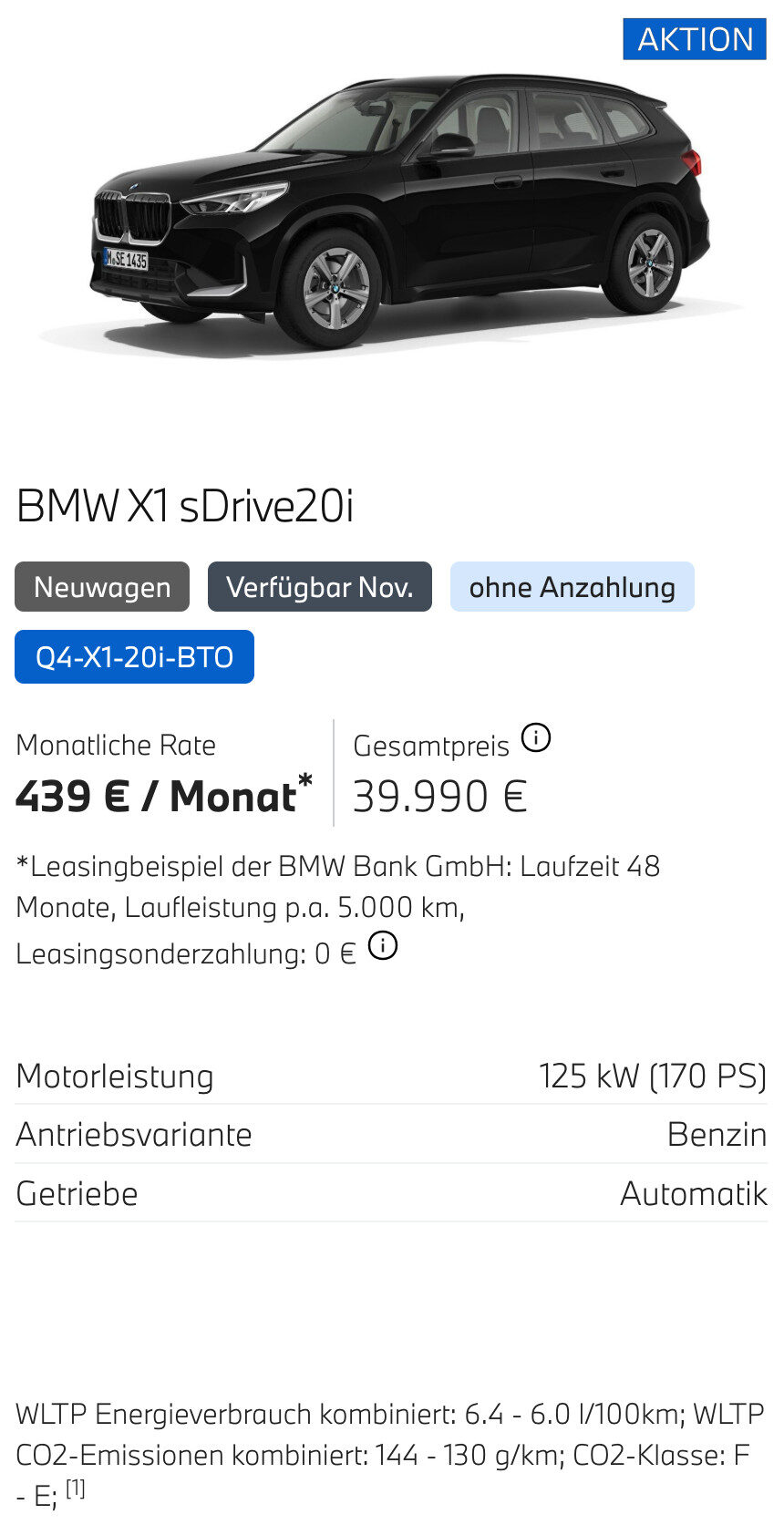 Kaltenbach Gruppe – In den exklusiven BMW Angeboten Privatkunden wird ein schwarzer BMW X1 sDrive20i SUV mit einer monatlichen Leasingrate von 439 €, Gesamtpreis 39.990 €, 125 kW Benzinmotor, Automatikgetriebe und Top-Energieeffizienz vorgestellt. – BMW, MINI, KIA, BMW Motorrad & Honda Motorrad Partner in NRW