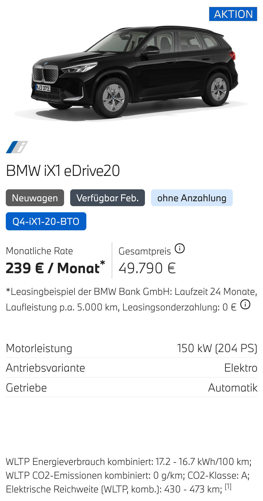 Kaltenbach Gruppe – Ein Werbebild für den Elektro-SUV BMW iX1 eDrive20 in Schwarz hebt BMW Angebote Privatkunden hervor, mit einem monatlichen Leasingpreis von 239 Euro, einem Gesamtpreis von 49.790 Euro und den wichtigsten Spezifikationen wie 150 kW Leistung und Automatikgetriebe. – BMW, MINI, KIA, BMW Motorrad & Honda Motorrad Partner in NRW