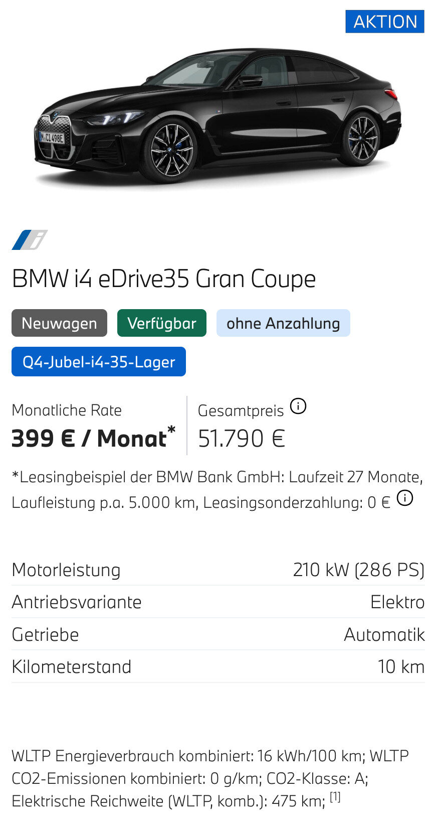 Kaltenbach Gruppe – Ein schwarzes BMW i4 eDrive35 Gran Coupe ist auf einem Werbebild mit Leasingdetails für BMW Angebote Privatkunden zu sehen, darunter eine monatliche Rate von 399 €, ein Gesamtpreis von 51.790 € und Angaben wie 210 kW Leistung und Elektromotor. – BMW, MINI, KIA, BMW Motorrad & Honda Motorrad Partner in NRW