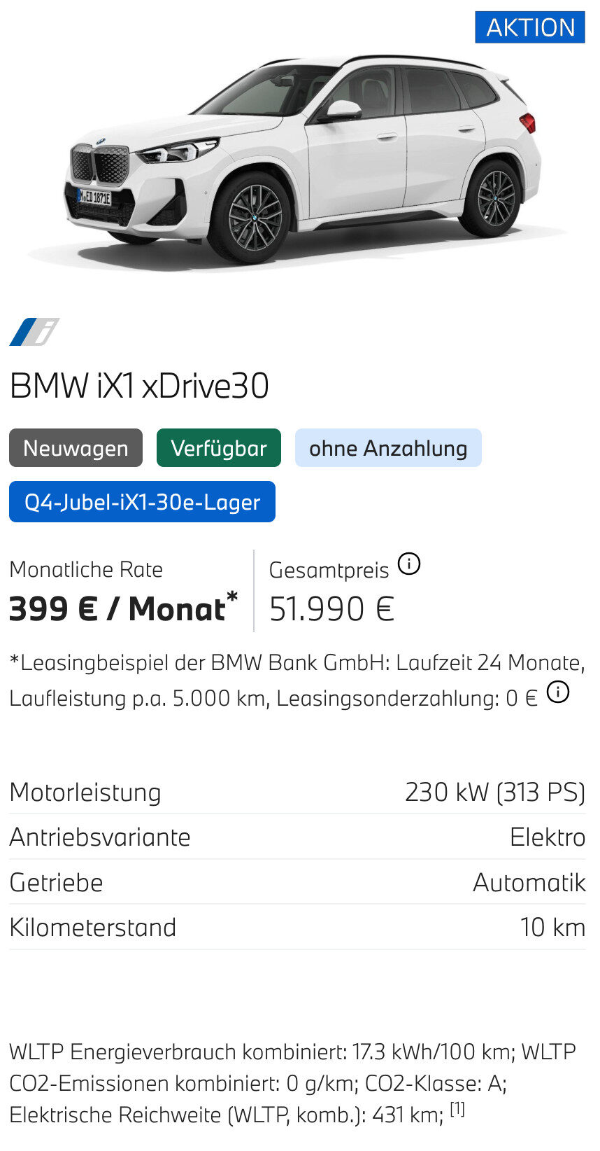 Kaltenbach Gruppe – Ein weißer BMW iX1 xDrive30 SUV wird angezeigt. Zu den wichtigsten Merkmalen gehören ein 230-kW-Elektromotor, ein Automatikgetriebe und eine monatliche Leasingrate von 399 €. Entdecken Sie attraktive BMW Angebote für Privatkunden. Details zu Energieverbrauch und Reichweite finden Sie unten. – BMW, MINI, KIA, BMW Motorrad & Honda Motorrad Partner in NRW
