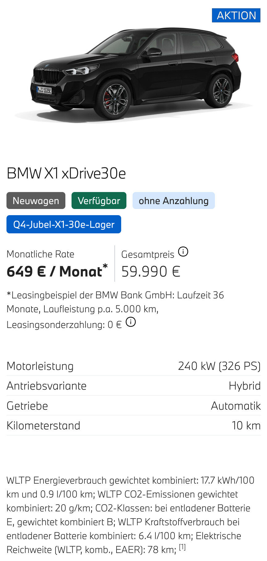 Kaltenbach Gruppe – Abgebildet ist ein schwarzer BMW X1 xDrive30e SUV im Profil. Text hebt Leasing-Infos für Privatkunden, monatliche Rate von 649 Euro, Hybridmotor, Automatikgetriebe und 10 km Reichweite hervor; blaues Label "Aktion" oben rechts. BMW Angebote verfügbar. – BMW, MINI, KIA, BMW Motorrad & Honda Motorrad Partner in NRW