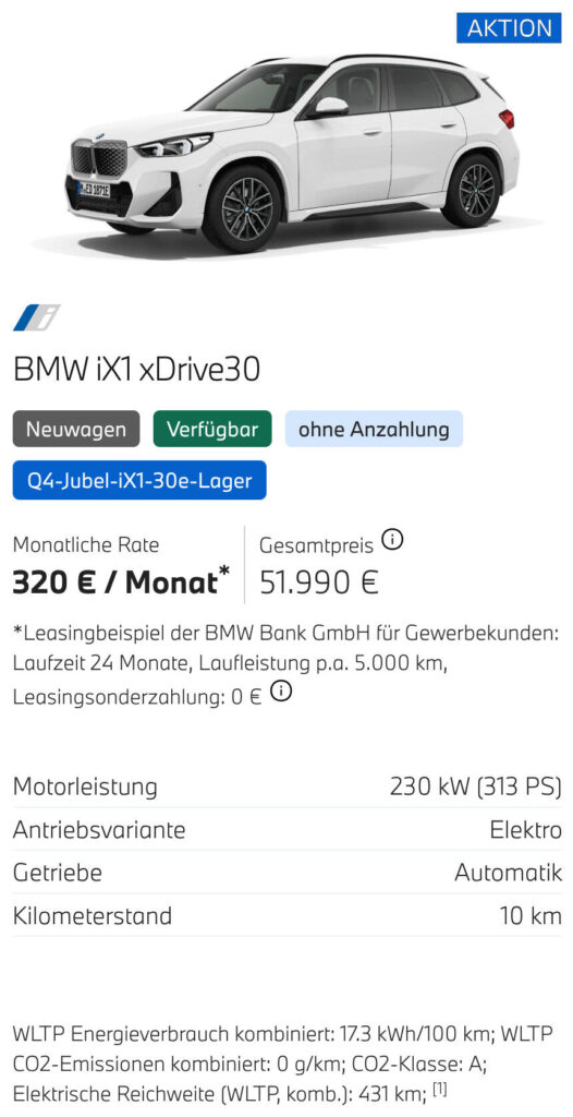 Kaltenbach Gruppe – Ein weißer BMW iX1 xDrive30 wird in einer Studiokulisse gezeigt, daneben stehen die Leasingdaten, darunter eine monatliche Rate von 320 €, ein Gesamtpreis von 51.990 € und die wichtigsten Daten - 313 PS Leistung, 10 km Laufleistung. Entdecken Sie exklusive BMW Angebote für Gewerbekunden. – BMW, MINI, KIA, BMW Motorrad & Honda Motorrad Partner in NRW