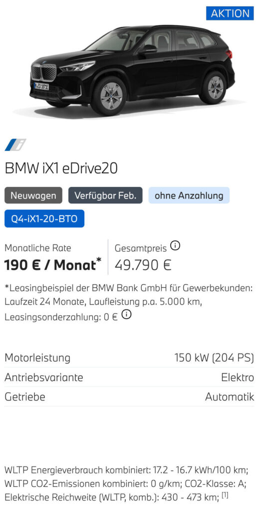 Kaltenbach Gruppe – Abgebildet ist ein schwarzer BMW iX1 eDrive20 SUV mit Leasing-Details: Monatsrate 190 €/Monat, Gesamtpreis 49.790 €, 150 kW Leistung, Automatikgetriebe und WLTP-Energieangaben. Blaues AKTION-Label oben rechts. Ideal für BMW Angebote Gewerbekunden. – BMW, MINI, KIA, BMW Motorrad & Honda Motorrad Partner in NRW