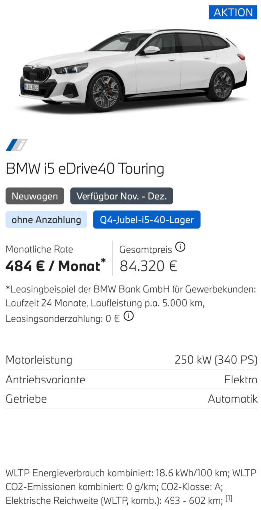 Kaltenbach Gruppe – Ein weißer BMW i5 eDrive40 Touring, von der Seite betrachtet, wird über den Preisangaben und den technischen Daten, wie Leasingrate, Kaufpreis, Leistung, Elektromotor, Automatikgetriebe und BMW Angebote Gewerbekunden angezeigt. – BMW, MINI, KIA, BMW Motorrad & Honda Motorrad Partner in NRW