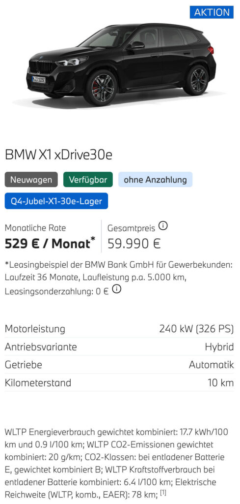 Kaltenbach Gruppe – Ein schwarzer BMW X1 xDrive30e SUV wird in einer digitalen Autoanzeige mit Leasingdetails vorgestellt: 529 € pro Monat, Gesamtpreis 59.990 €, 240 kW Leistung, Automatikgetriebe und nur 10 km Laufleistung. Blaues AKTION-Label oben rechts. Exklusive BMW Angebote für Gewerbekunden. – BMW, MINI, KIA, BMW Motorrad & Honda Motorrad Partner in NRW