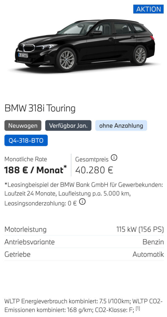 Kaltenbach Gruppe – Ein schwarzer BMW 318i Touring wird in einer Händleranzeige mit exklusiven BMW Angeboten für Gewerbekunden vorgestellt: 188 €/Monat Leasing, 40.280 € Gesamtpreis, 115 kW Benzinmotor, Automatikgetriebe und Angaben zum Energieverbrauch. – BMW, MINI, KIA, BMW Motorrad & Honda Motorrad Partner in NRW