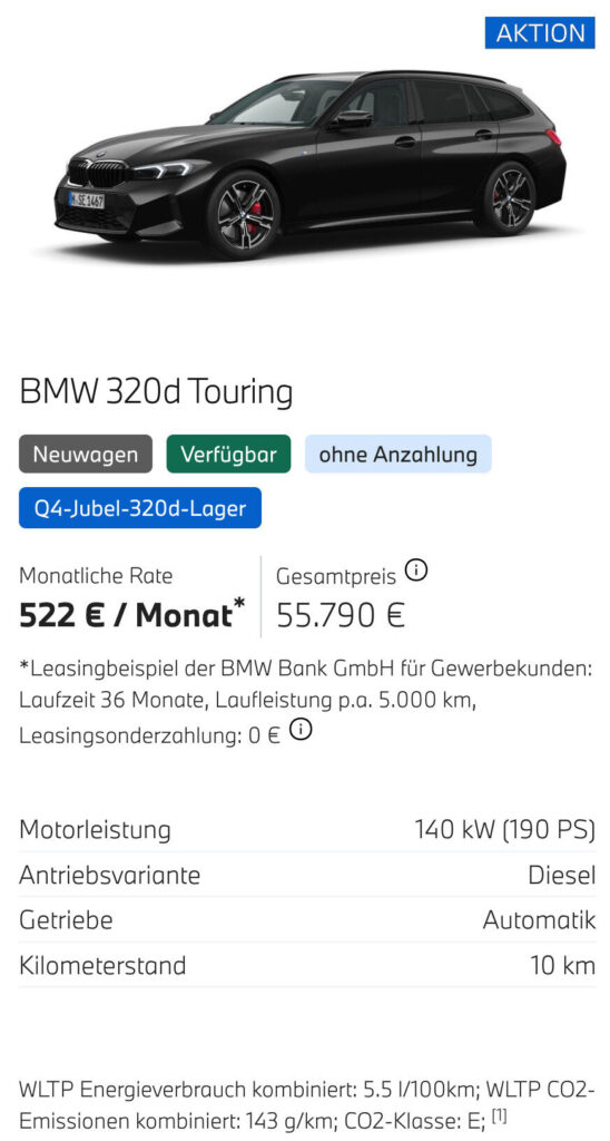 Kaltenbach Gruppe – Ein schwarzer BMW 320d Touring wird in einer Leasinganzeige von BMW Angebote Gewerbekunden mit einer monatlichen Rate von 522 Euro, einem Preis von 55.790 Euro und Ausstattungsmerkmalen wie 140 kW Motor und Automatikgetriebe vorgestellt. – BMW, MINI, KIA, BMW Motorrad & Honda Motorrad Partner in NRW