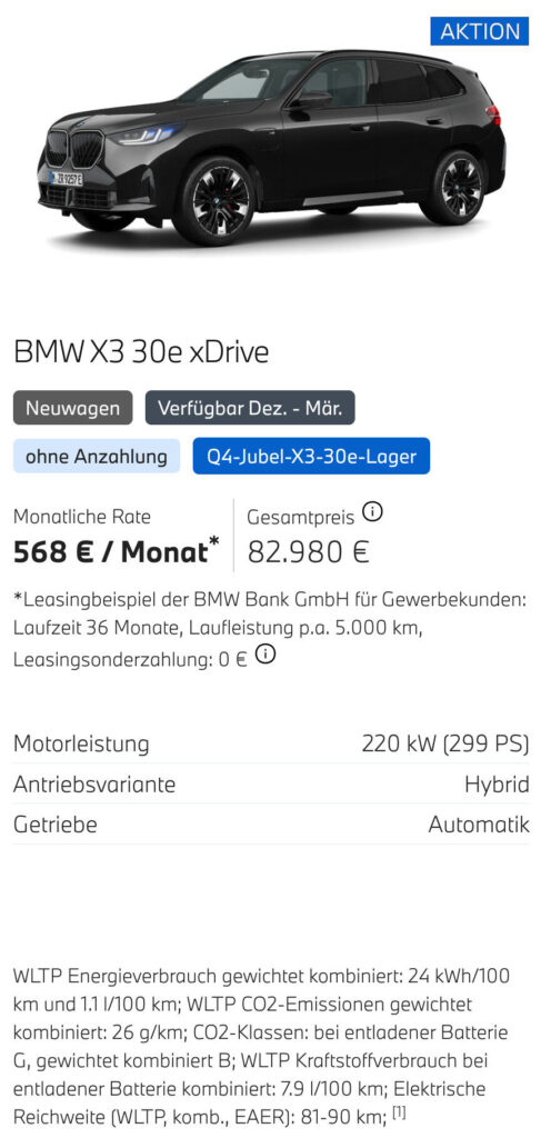 Kaltenbach Gruppe – Ein Werbebild für den BMW X3 30e xDrive in Schwarz zeigt die BMW Angebote für Gewerbekunden: Leasing für 568 € pro Monat, 82.980 € Gesamtpreis. Es hebt den Hybridantrieb, die 220 kW Leistung, das Automatikgetriebe und die Verbrauchsangaben hervor. – BMW, MINI, KIA, BMW Motorrad & Honda Motorrad Partner in NRW