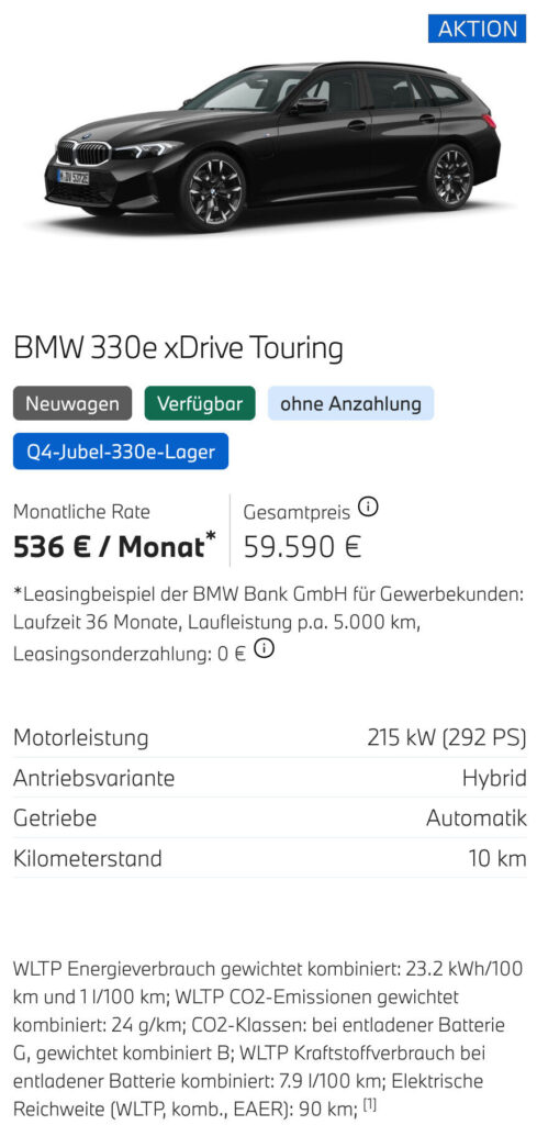 Kaltenbach Gruppe – Ein dunkelgrauer BMW 330e xDrive Touring wird in einer Studioumgebung gezeigt. Das Bild wirbt für BMW Angebote für Gewerbekunden und hebt Merkmale, Preise und technische Details dieses Hybridfahrzeugs in deutscher Sprache hervor. – BMW, MINI, KIA, BMW Motorrad & Honda Motorrad Partner in NRW