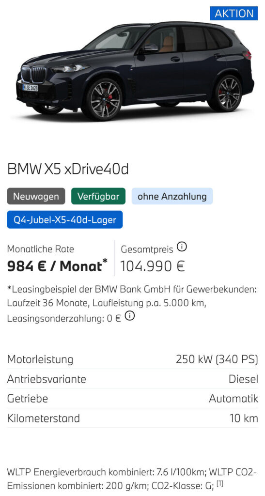 Kaltenbach Gruppe – Ein schwarzer BMW X5 xDrive40d SUV wird in der Profilansicht mit monatlicher Leasingrate, Preis, Motordaten und Highlights wie "AKTION" und "Q4-Jubel-X5-40d-Lager" BMW Angebote für Gewerbekunden im oberen Bereich angezeigt. – BMW, MINI, KIA, BMW Motorrad & Honda Motorrad Partner in NRW