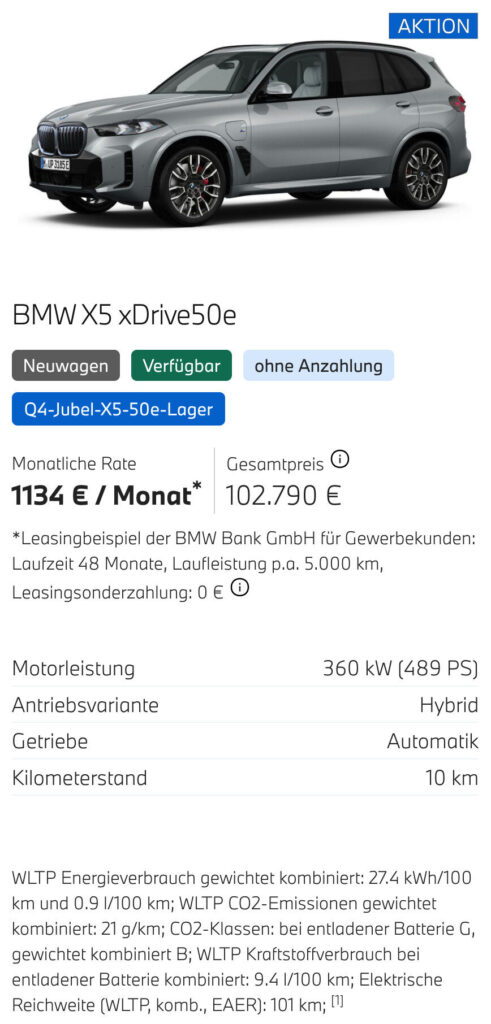 Kaltenbach Gruppe – Ein grauer BMW X5 xDrive50e wird in einem Inserat gezeigt, das den Hybridmotor, das Automatikgetriebe, die BMW Angebote Gewerbekunden, die monatliche Leasingrate von 1134 € und den Gesamtpreis von 102.790 € hervorhebt. Die wichtigsten technischen Daten und Energiedaten finden Sie unten. – BMW, MINI, KIA, BMW Motorrad & Honda Motorrad Partner in NRW