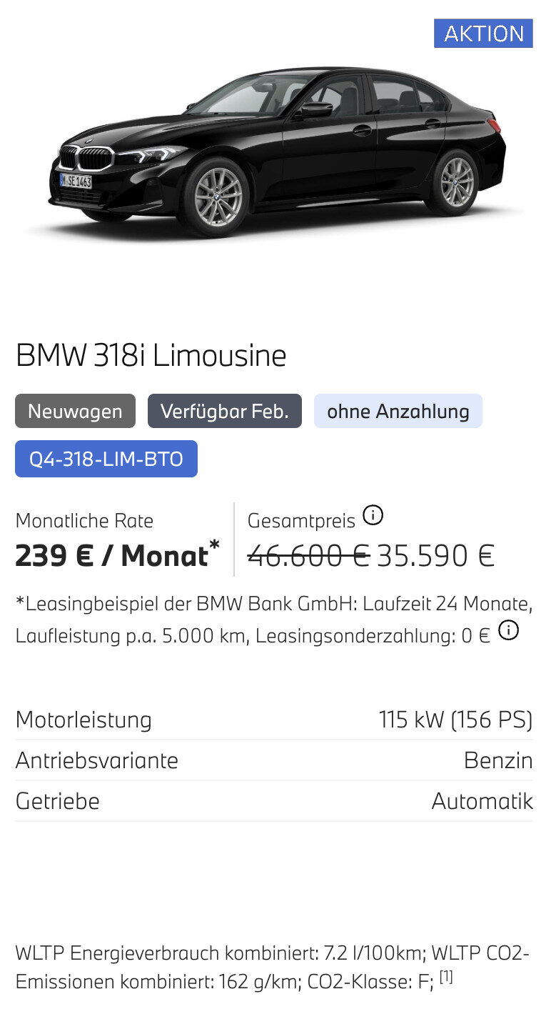 Kaltenbach Gruppe – Eine schwarze BMW 318i Limousine auf weißem Hintergrund mit Details zum Leasingangebot: 239 €/Monat, 35.590 € Preis, 115 kW Motor, Benzin, Automatik - plus exklusive BMW Angebote für Gewerbekunden. Die Fahrzeugdaten sind unten aufgeführt. – BMW, MINI, KIA, BMW Motorrad & Honda Motorrad Partner in NRW