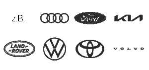 Kaltenbach Gruppe – Acht schwarz-weiße Automarkenlogos in zwei Reihen: z.B. Audi, Ford, Kia, Land Rover, Volkswagen, Toyota und Volvo. – BMW, MINI, KIA, BMW Motorrad & Honda Motorrad Partner in NRW