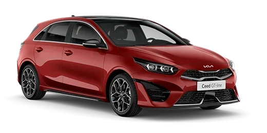 Kaltenbach Gruppe – Ein roter KIA Ceed GT-Line mit Schrägheck, von vorne links betrachtet, präsentiert sich mit schwarzen Leichtmetallrädern und einem modernen, sportlichen Design, das den dynamischen Geist der KIA Markenwelt verkörpert. – BMW, MINI, KIA, BMW Motorrad & Honda Motorrad Partner in NRW