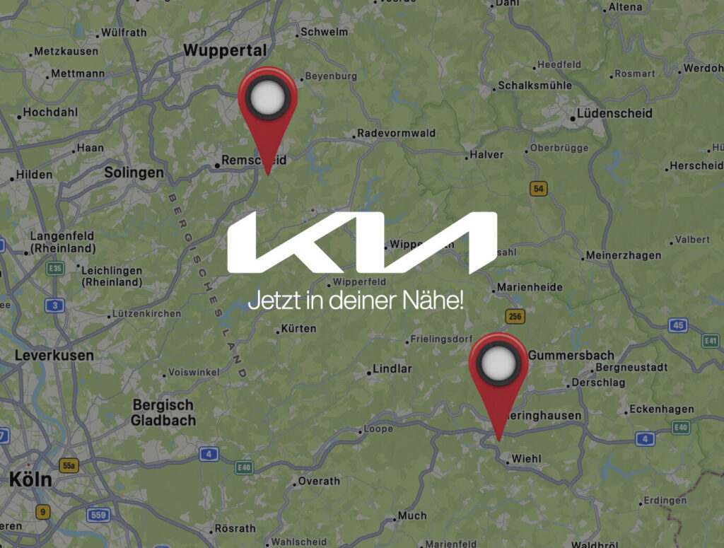 Kaltenbach Gruppe – Eine Karte von Westdeutschland, auf der Orte in der Nähe von Remscheid und Wiehl mit roten Stecknadeln markiert sind. Das weiße KIA-Logo und der Schriftzug Jetzt in deiner Nähe! sind zentriert und laden Sie ein, die KIA Markenwelt in Ihrer Region zu erkunden. – BMW, MINI, KIA, BMW Motorrad & Honda Motorrad Partner in NRW