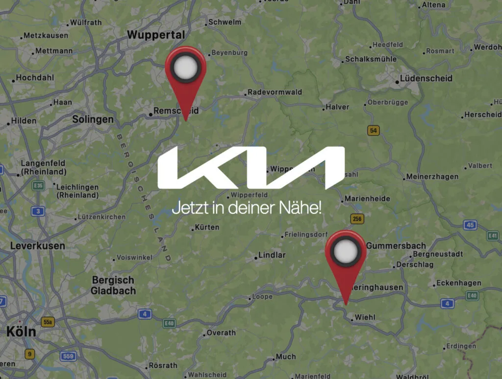 Kaltenbach Gruppe – Eine Karte von Westdeutschland, auf der Orte in der Nähe von Remscheid und Wiehl mit roten Stecknadeln markiert sind. Das weiße KIA-Logo und der Schriftzug Jetzt in deiner Nähe! sind zentriert und laden Sie ein, die KIA Markenwelt in Ihrer Region zu erkunden. – BMW, MINI, KIA, BMW Motorrad & Honda Motorrad Partner in NRW