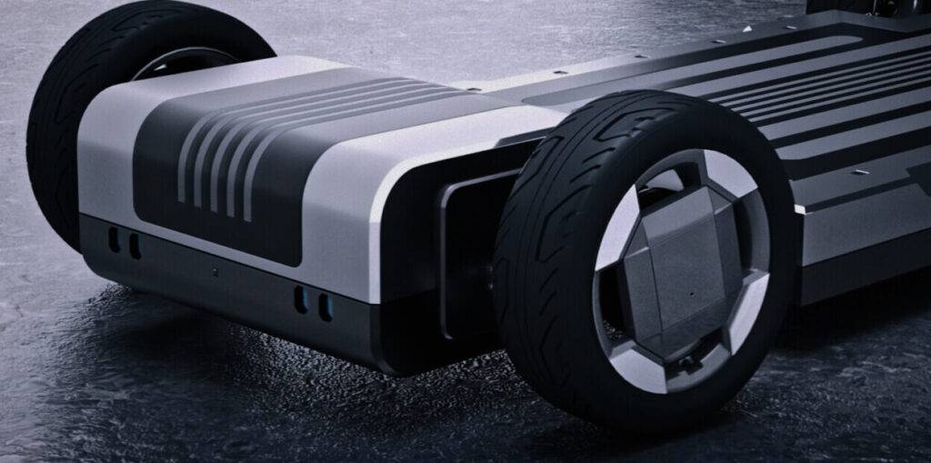 Kia PV5 Elektroplattform mit Fahrgestell und Rädern.