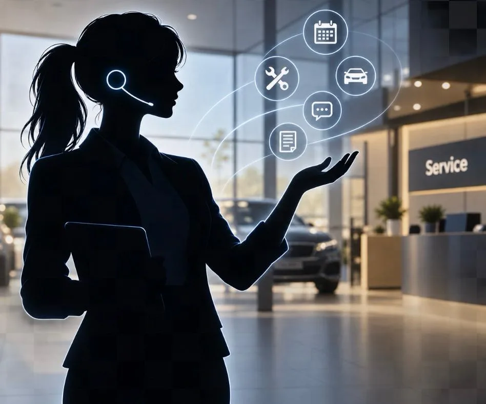 Laura, die virtuelle Assistentin der Kaltenbach Gruppe, im Autohaus mit Headset